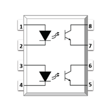 Photo Transistor Coupler, SMD8 Low Profile, Viso=5000Vrms, DC Input, 2 Channels, CTR option=130~400%, BVceo=80V (min.), White Case, Max.1000pcs/reel