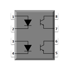 Photo Transistor Coupler, DIP8, Viso=5000Vrms, DC Input, 2 Channels, CTR option=130~400%, BVceo=80V (min.), Black Case, Max.45pcs/tube